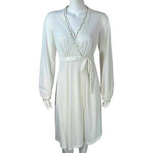 VTG Miss Elaine Wrap Robe Nightgown Large Embroidered Floral White Long Sleeve